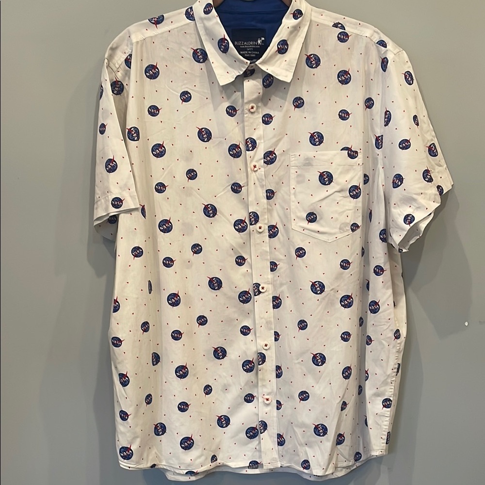 NASA buzz aldrin brand men’s  White and Blue Casual Button Down Shirt
